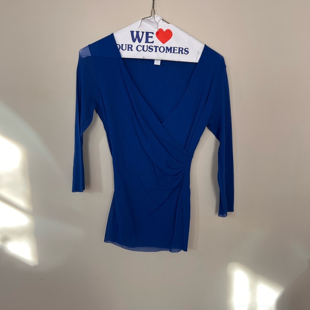 New York & Company Blue Scoop Neck 3/4 Sleeve Fitted Blouse